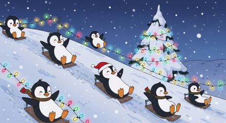 Merry Christmas Greeting Card with Funny Sledding Penguins.