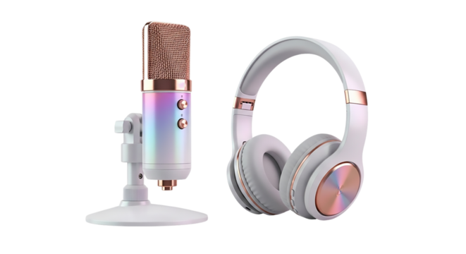 Studio microphone and wireless headphones isolated on transparent background for recording