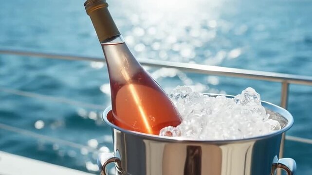 Botella de vino rosado enfri&aacute;ndose en hielo sobre un yate al atardecer