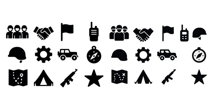 Military icons set: communication, navigation, and gear symbols