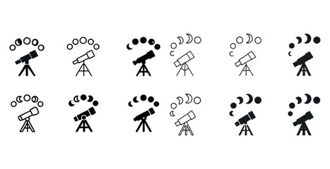 Naklejka premium Telescope and moon phases silhouette icons in black and white