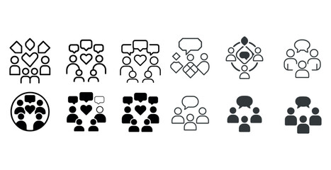 Set of black and white social connection icons featuring hearts