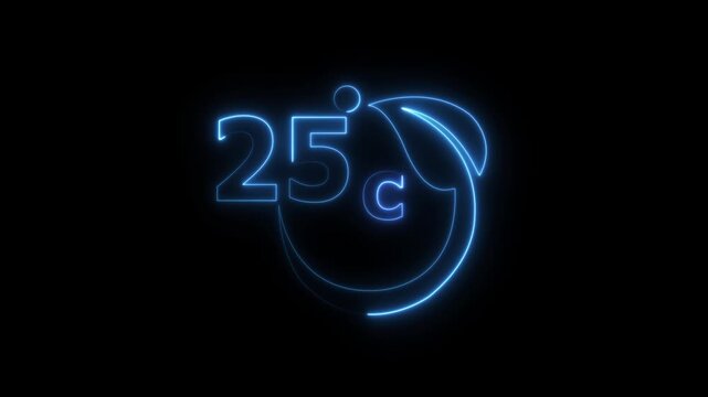 Abstract glowing neon line 25°C temperature showing on a dark background. Weather temperature displays by degree
