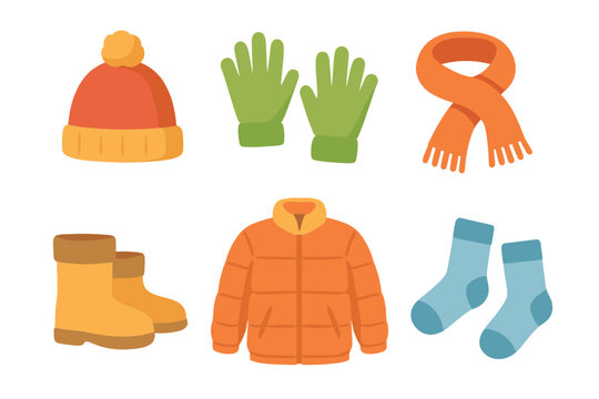 Warm winter clothing collection for cold weather activities. Set of 6 vector illustration