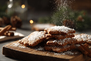Freshly baked gingerbread cookies arranged on rustic wooden board, dusting of powdered sugar falling in the air, warm ambient lighting