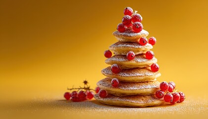 Stacked breakfast cakes decorated with bright red berries forms a festive holiday shape