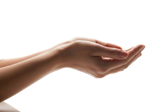Side view of female hands cupped together as if holding water or a heap of coffee beans, empty hands, soft studio lighting, isolated on white background