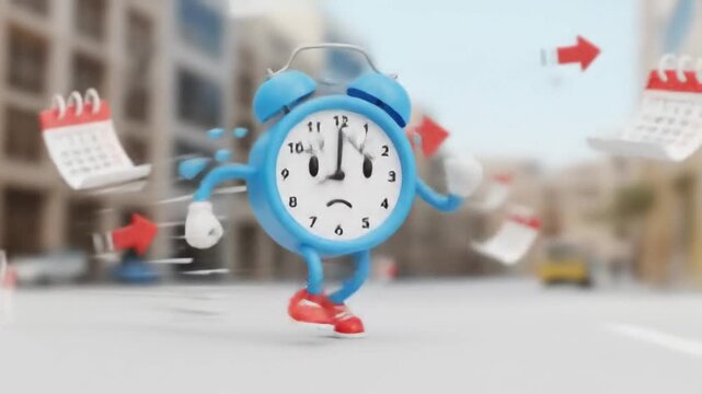 A stressed blue alarm clock character runs frantically down a city street, chased by flying calendar pages, symbolizing the pressure of deadlines and the race against time