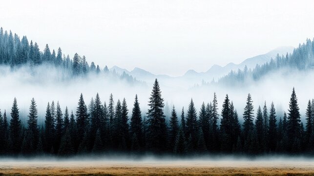 A dense forest of dark evergreen trees is shrouded in a thick, ethereal mist, with layers of distant, hazy mountains forming a backdrop.