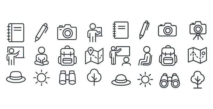 Vector icons: notebook, camera, backpack, map, hat, sun, binocul