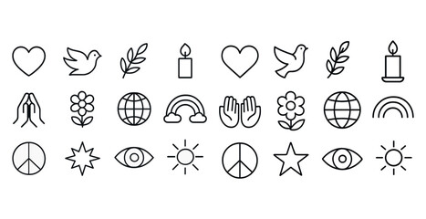 Minimalist peace and harmony icons with hearts, doves, candles,
