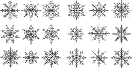 Set of black vector snowflake icons, winter snow crystals collection isolated on white background for Christmas holiday design and decoration.