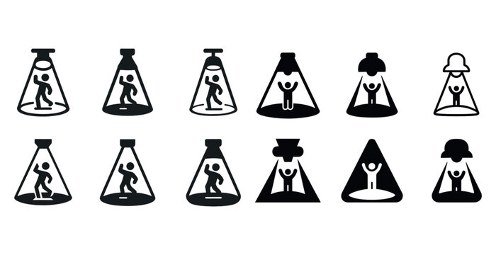 Silhouette icons of figures in various spotlight designs