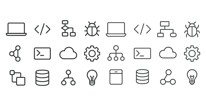 Minimalist technology icons set featuring laptop, coding, cloud,