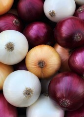 Background with different types of onions - white, red, yellow omions close-up view. Natural vegetable texture