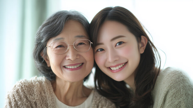 祖母と孫娘が肩を寄せ合って微笑むアップのポートレート