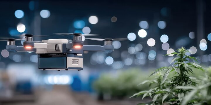 A botanical tech greenhouse organizes logistic drones using growth simulation and root connectivity while leaf sensors support monitoring to keep operation aligned