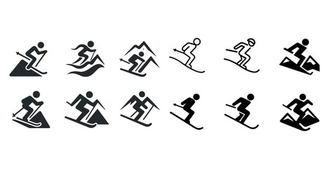Naklejka premium Set of skiing icons: silhouette skiers and snowy mountain graphi