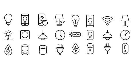 Smart home icon set featuring light bulbs, lamps, wifi, clocks,