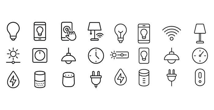 Smart home icon set featuring light bulbs, lamps, wifi, clocks,