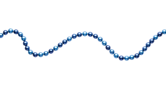 Blue Pearl Garland PNG. Wavy string of shimmering blue decorative pearls, isolated for elegant holiday decor, crafts and festive design elements. Christmas pearls garland top view flat lay PNG