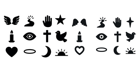 Set of spiritual symbols: wings, hands, stars, cross, dove, eye,