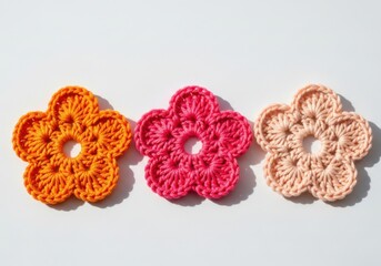 Obraz premium Three colorful crocheted flowers in orange pink and beige isolated on white background