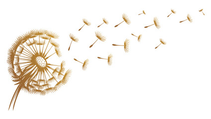 A delicate dandelion vector art on a white background, featuring fine lines and soft details. The floating seeds evoke a sense of freedom, renewal, and nature's fleeting beauty in a minimalist design.