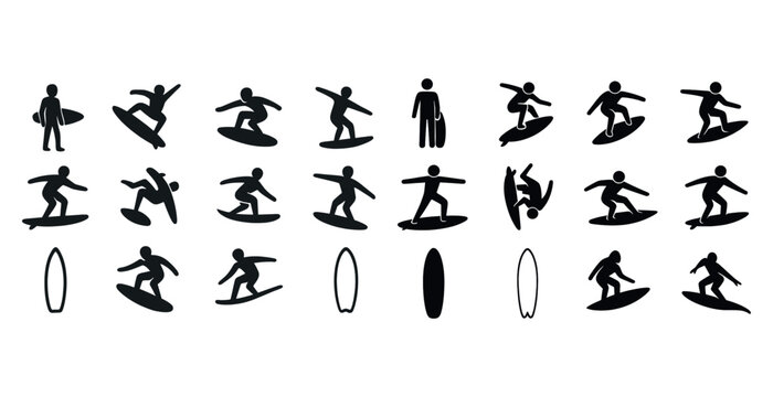 Set of surfing silhouettes and icons showcasing various surfing