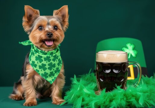 Adorable yorkshire terrier dog wearing a shamrock bandana with a pint of beer isolated on white background