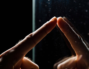 Finger touching an invisible glass screen, creating a press gesture, side view of the finger, macro detail, isolated on black background