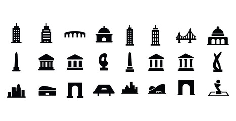 Naklejka premium Black silhouette collection of famous architectural landmarks an