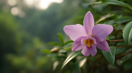 A delicate pink orchid adorned with dew drops set against a lush green tropical forest backdrop during dawn