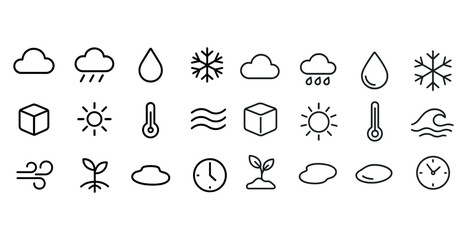 Naklejka premium Weather and nature icons set: clouds, rain, snowflakes, sun, the
