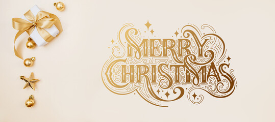 Merry Christmas and Happy New Year greeting card, frame, and banner. Holidays design. Noel and Feliz Navidad. Christmas gifts and decorations, top view. Flat lay.