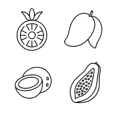Black and white line drawings of four fruits: a pineapple cross-section with leaves, a whole mango with a stem