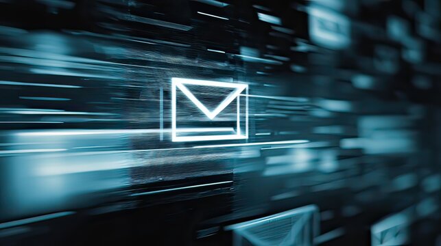 Dynamic email marketing concept with glowing envelope icon for digital communication and technology solutions