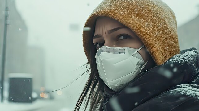 Young woman wearing mask outside in winter snow, embodying resilience and determination in challenging times