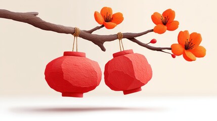 A stylized branch adorned with vibrant red lanterns and orange flowers, ideal for cultural events, celebrations, or festive themes, Suitable for marketing materials, invitations