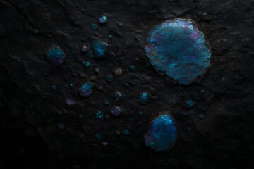 Irisierende Tropfen auf strukturierter schwarzer Oberfl&auml;che