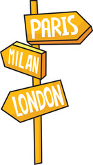 signpost with directional arrows pointing to three major cities cartoon style vector illustration © SystemDirect