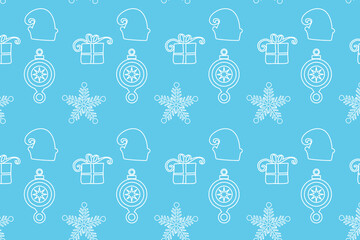 Seamless vector pattern with gift boxes and snowflakes single line icon illustrations