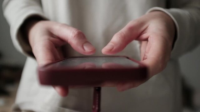 Closeup video of a young woman doom scrolling a smartphone. Addictive behaviour. Modern world problem. Social media marketing. Working through smartphone.