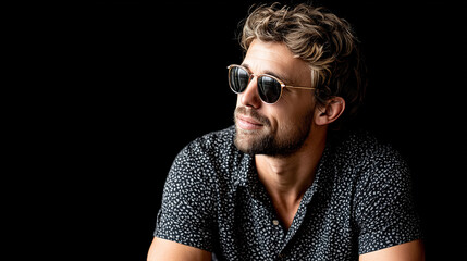 Obraz premium Man with beard, sunglasses and patterned shirt, looking relaxed and confident against black background.