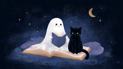 星空のもと、おばけが読書するファンタジックな絵 © bephoto