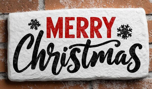 Merry Christmas text written on white marble in black cursive letters with red outline and snowflakes against brick wall - Powered by Adobe
