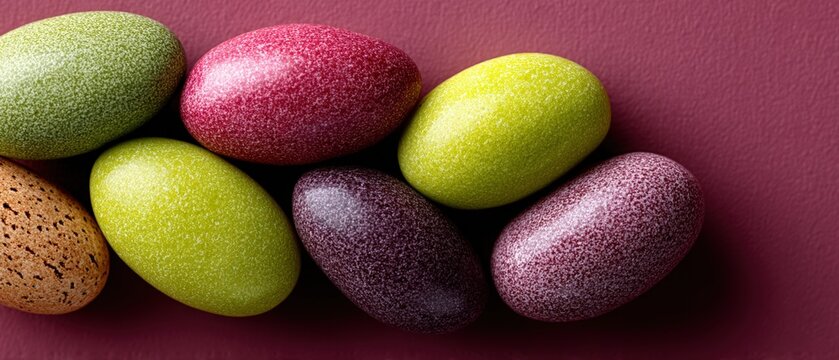 Colorful speckled eggs arranged on a deep burgundy background evoke a sense of playfulness and celebration, perfect for Easter promotions, spring themes, or festive culinary designs,