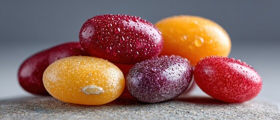 A close-up of colorful, glossy jelly beans with droplets of water, conveying freshness and vibrancy, Ideal for candy shops, food blogs, or marketing sweet treats,