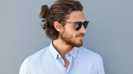 Stylish man with curly hair, sunglasses and a blue button-up shirt, posing against a gray wall.