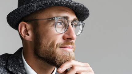 Thoughtful man with glasses and stylish hat, resting his chin on his hand while looking to the side.